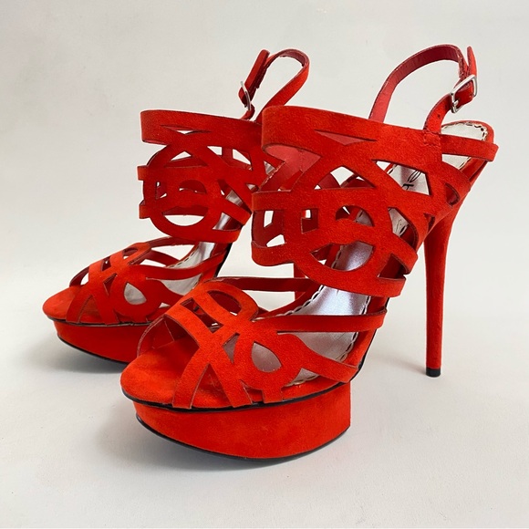 BEBE Red Platform Heeled Sandals Pumps 7 M Open Toe Ankle Strap Heels Stiletto - Picture 2 of 14